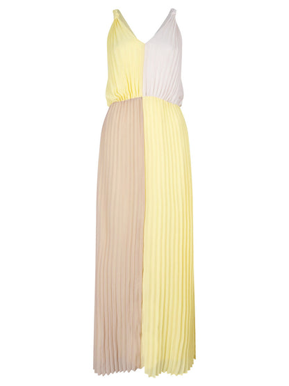 Robe longue plissée jaune et beige Dante6