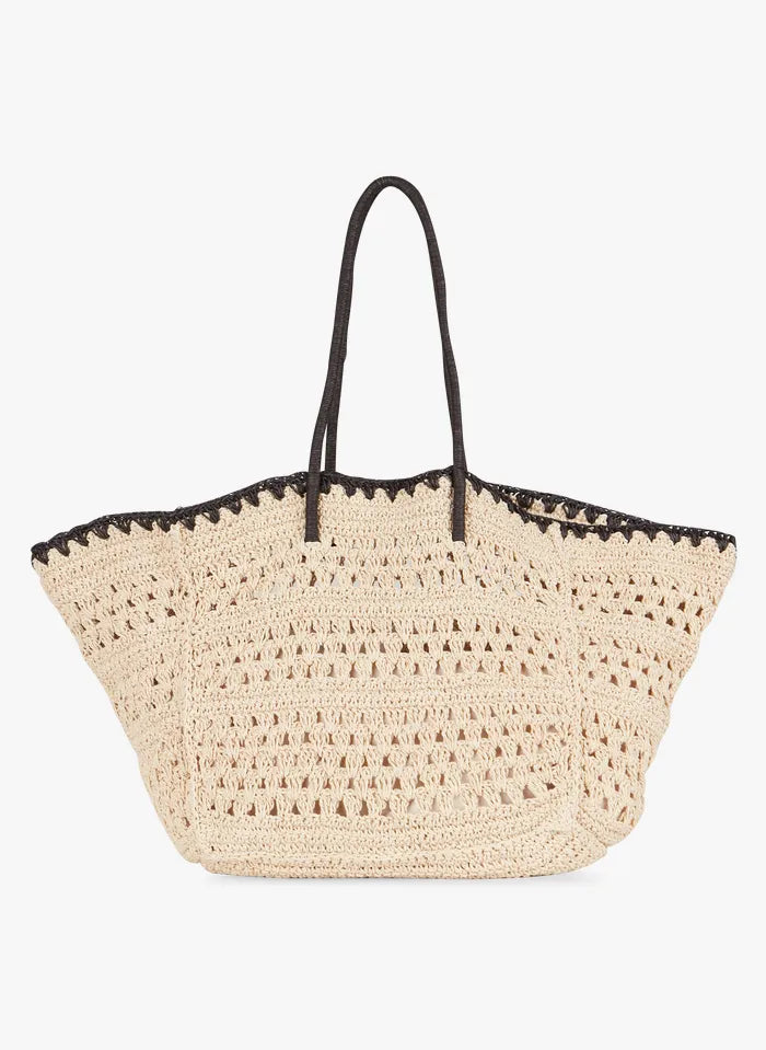 Sac en raphia beige avec anses et bord supérieur noirs suncoo