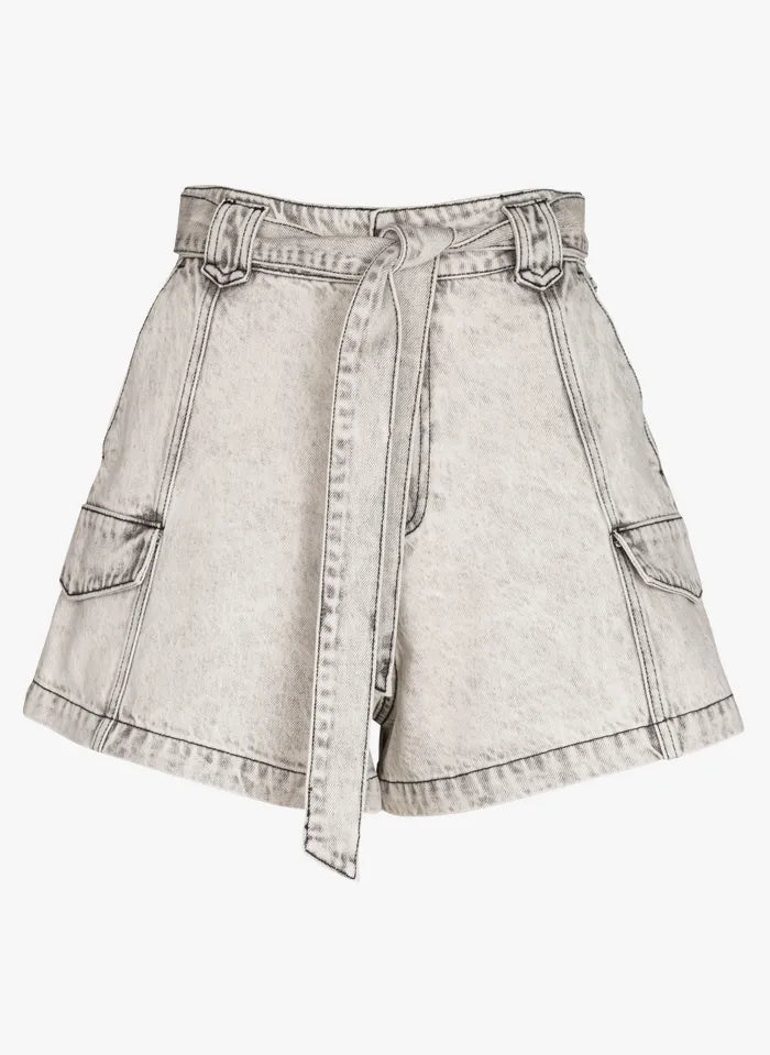 Short en jeans délavé gris taille haute ceinture à nouer poches sur le côté Suncoo