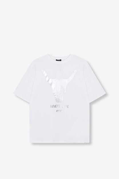 T-shirt blanc femme avec taureau argenté Alix the Label Virton Belgique Gaume