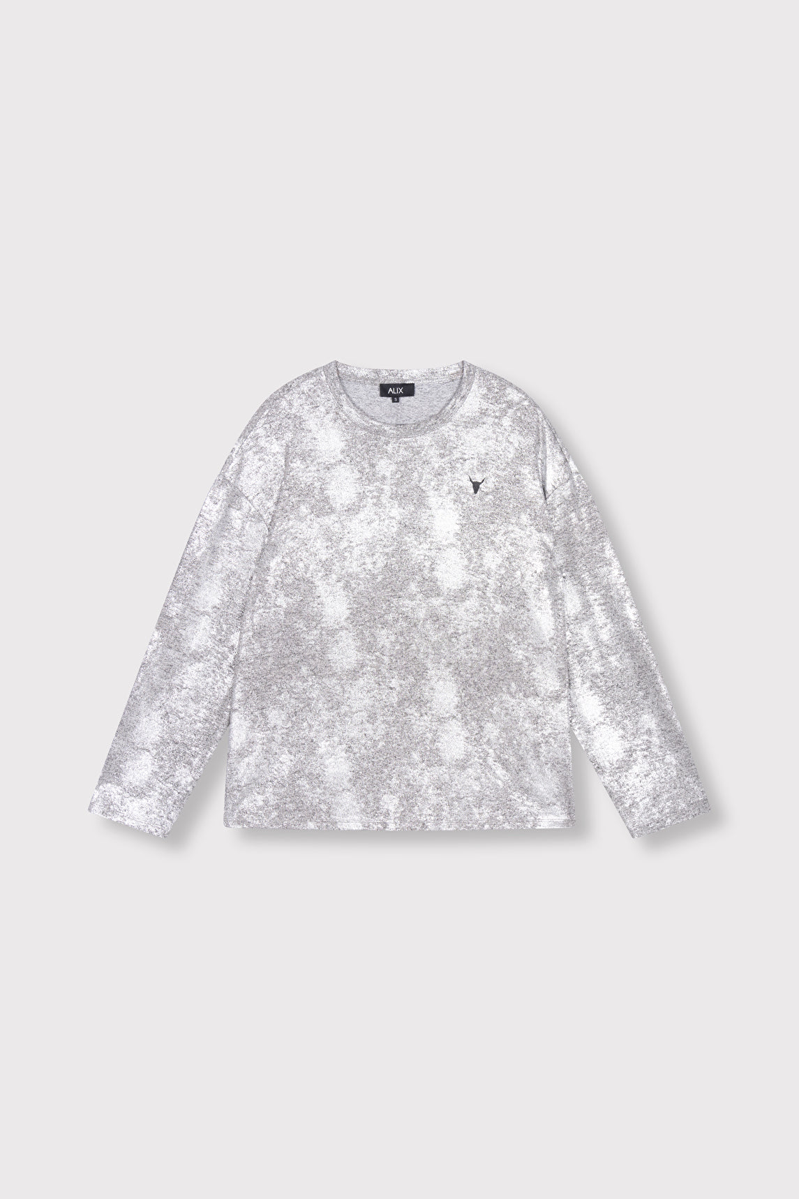 T-shirt argenté à manches longues avec imprimé foil et motif taureau sur la poitrine, coupe relaxed, col rond.