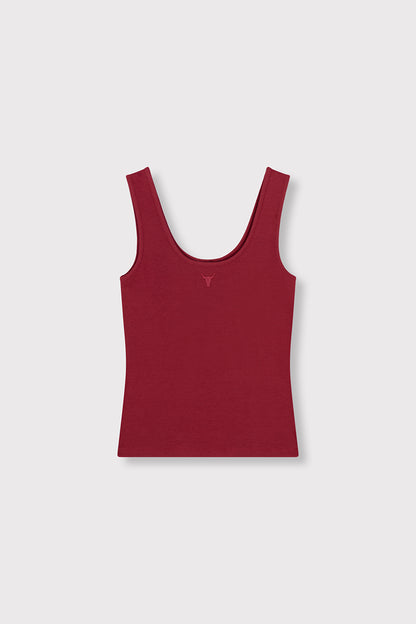 Tank top bordeaux femme en jersey côtelé, coupe ajustée, vue de face