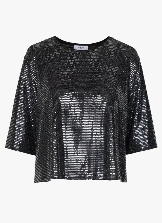 Top Maiween Suncoo noir, coupe ample e courte, col rond, manches longueur coudes, broderies sequins argentés all over.