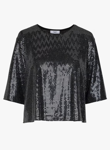Top Maiween Suncoo noir, coupe ample e courte, col rond, manches longueur coudes, broderies sequins argentés all over.