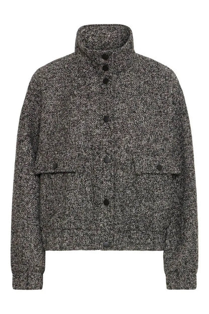 Veste Astrio grise en laine mélangée avec col montant, fermeture à boutons pression et poches à rabat.