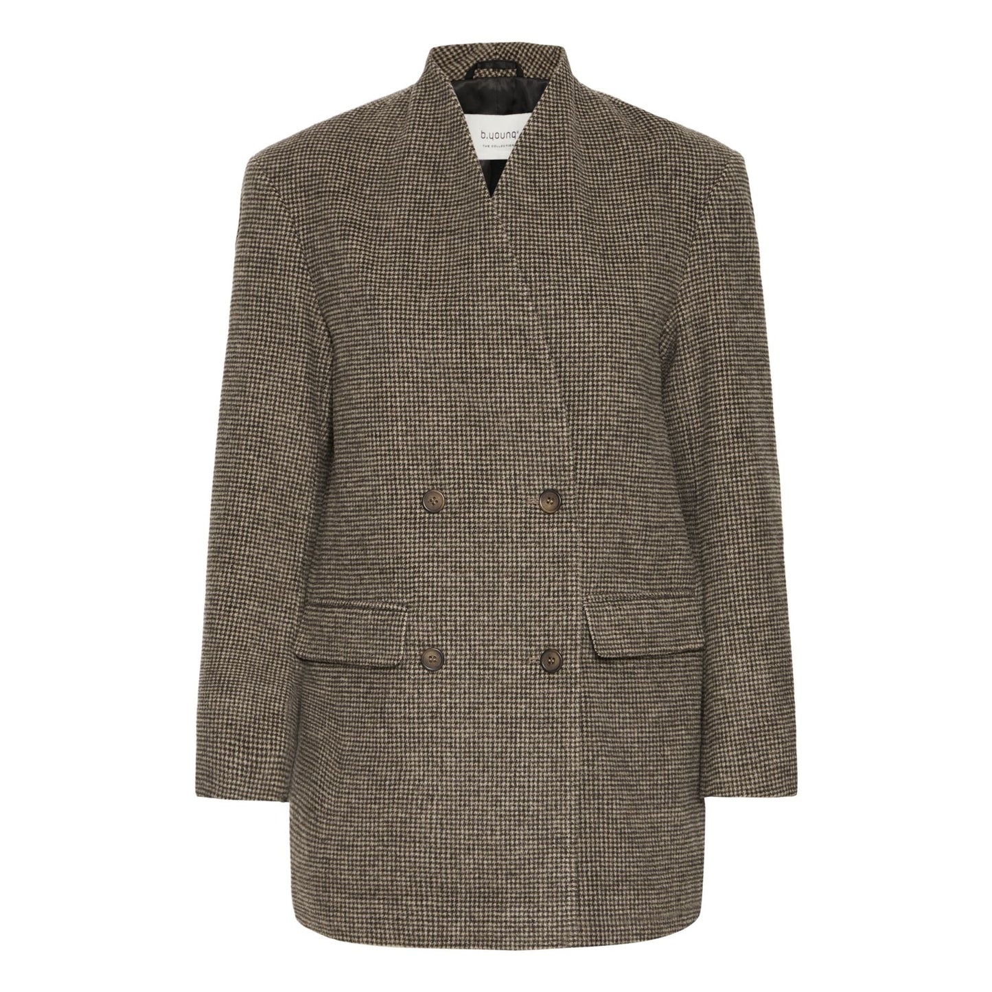 Veste Eranda de B.Young en laine et polyester, coupe croisée à double boutonnage et motif pied de poule.