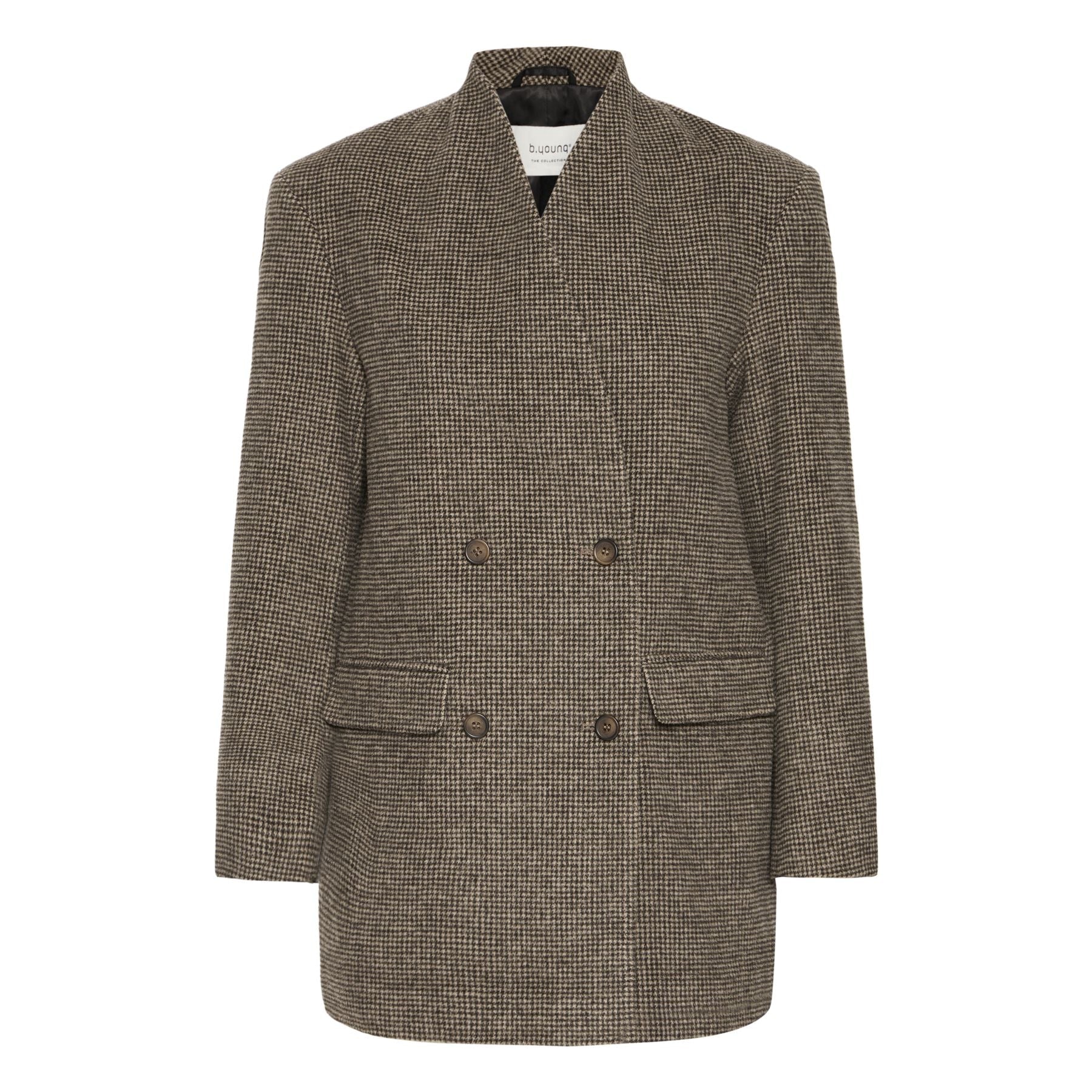 Veste Eranda de B.Young en laine et polyester, coupe croisée à double boutonnage et motif pied de poule.