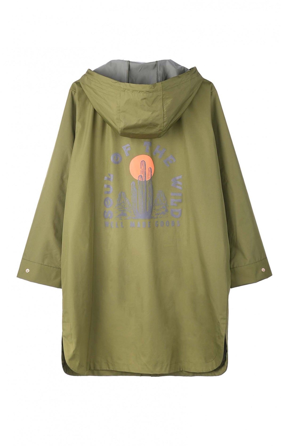 Veste Marciello kaki WILD vue de dos, imprimé coucher de soleil avec cactus et inscription "Soul of the Wild"