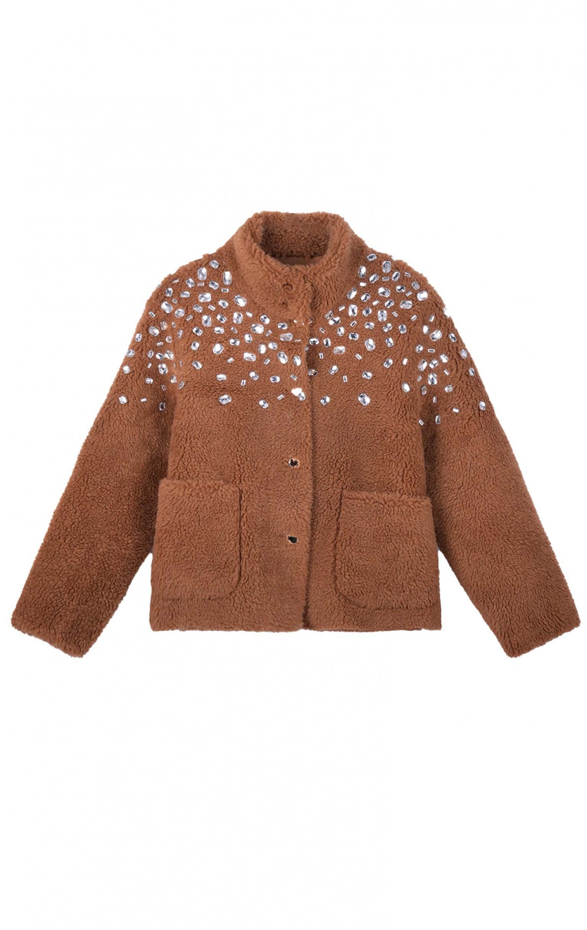 Veste Marcos brun chocolat en fausse fourrure avec strass scintillants et poches plaquées.
