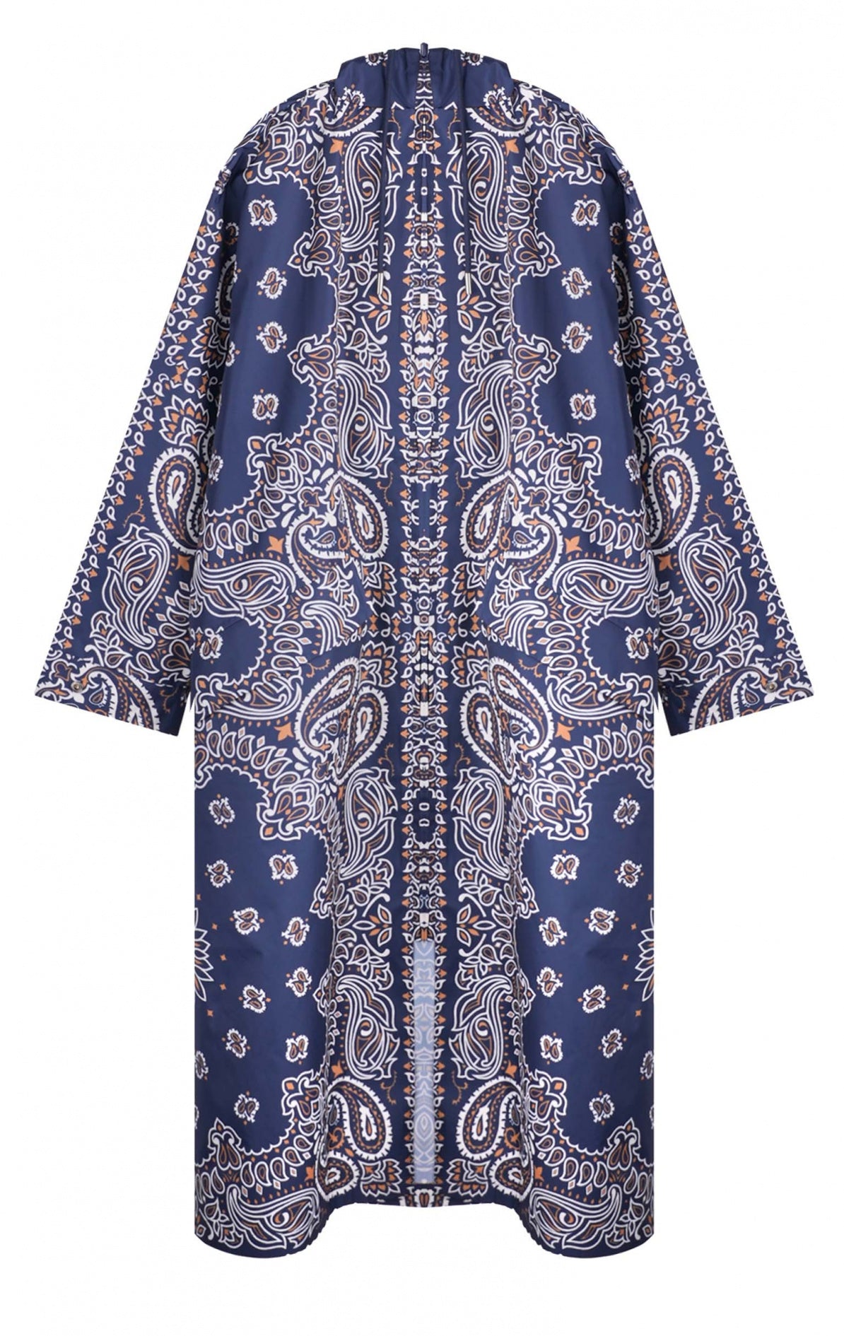 Veste imperméable longue Silves en bleu marine avec imprimé bandana écru et camel, vue de face.
