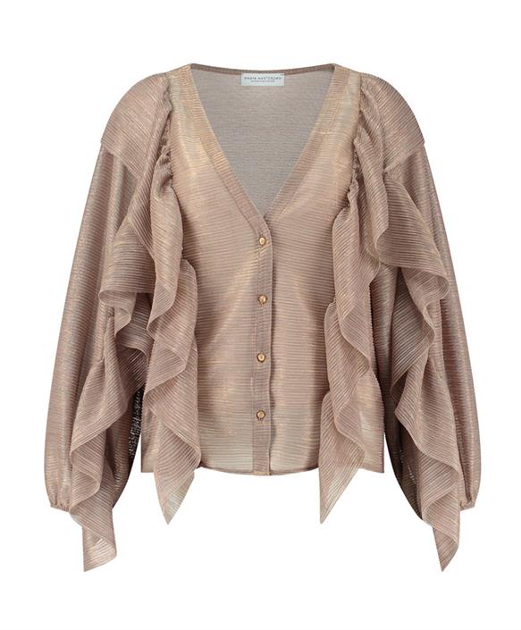 Blouse beige avec des volants sur le devant fils de lurex dorés cuivrés encolure en V et boutons à l'avant manches bouffantes