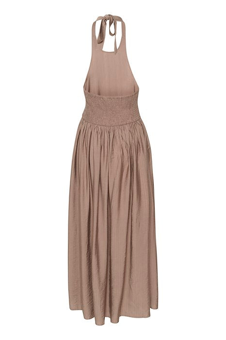 robe longue fluide taupe dos nu et smocké